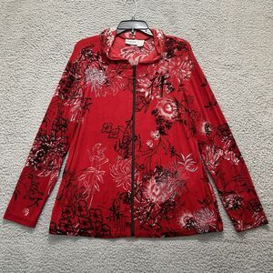 Chicos Travelers Sweater Women 2 US Large Red Floral Embroidered Hooded Cardigan